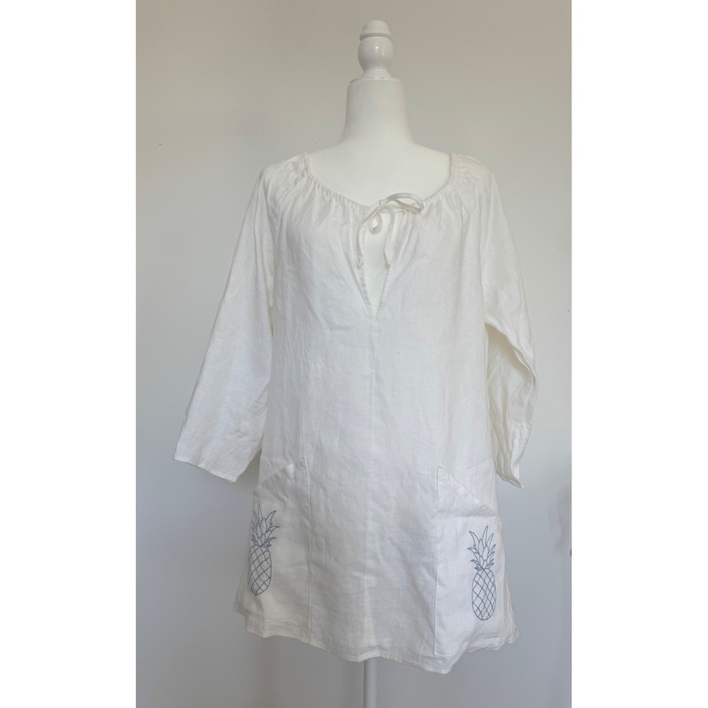 Reformation White 100% Linen Pineapple Embroidered Tunic Top Small Beach Coverup